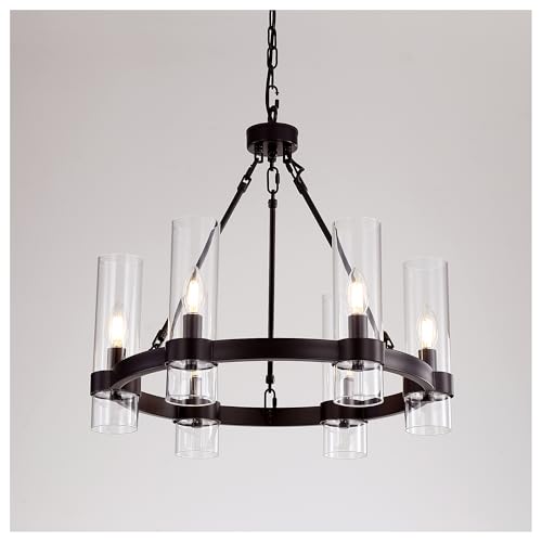AEULYTIR 22 Inch Black Wagon Wheel Chandelier with Glass Shade,