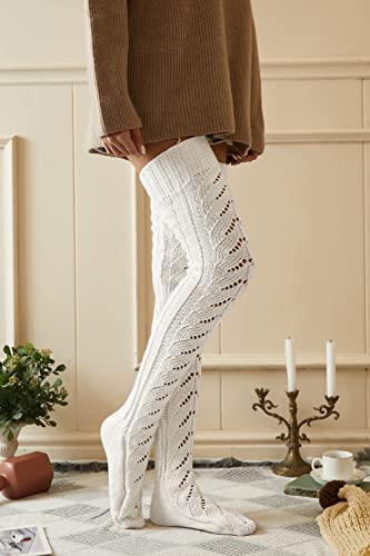 Pcavin Thigh High Socks for Women Cable Knit Over the Knee Boot Socks, Long Warm Leg Warmers Winter(007D White)3