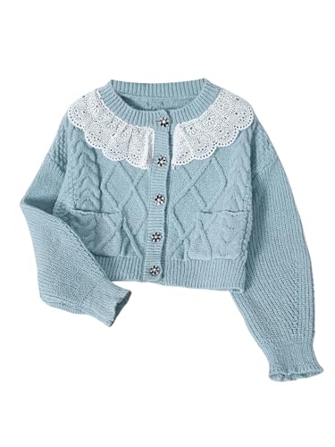 MakeMeChic Girl's Lace Collar Long Sleeve Crochet Cardigan Crewneck Button Down Sweater Outerwear