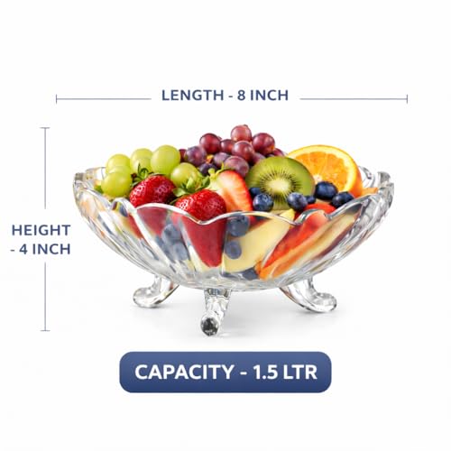 Image of Pure Source India 8-Inch Clear Glass Fruit Bowl with Footed Base - 1.5 Liter Capacity Decorative Serving Bowl for Fruit, Salad & Home Decor