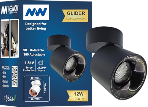 Image of NW 12W Glider SF Moveable Black with Gun Black Aluminium 360 Degree Adjustable Cylindrical Shape LED Surface Light | COB Light | Wall Light | Spot Light | Light Color- Warm White (Pack of 1)