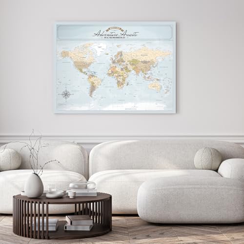 Image of IPIC - Blue Ocean World Map Pin Board Canvas Wall Art, Travel Map with Pins Included, Ready to Hang for Home or Office 40x30 Inch