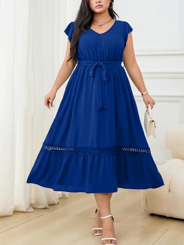 Image of RWJ Women Plus Size Summer Maxi Dress V Neck Cap Sleeveless Cocktail Casual Dresses with Belt