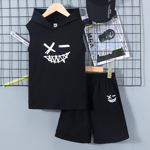 Image of Boys 2PCS Hooded Summer Sleevless Tank Top and Drawstring Elastic Waist Shorts Sport Clothing Sets