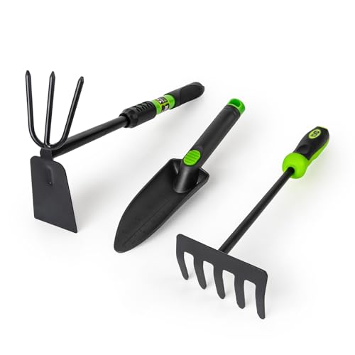 Hoe Garden Tool Set, 3 Piece Handheld Gardening Tools includs Garden Hoe and Cultivator Combo, Mini Hand Rake and Trowel Outdoor Heavy Duty Tools for Weeding or Digging