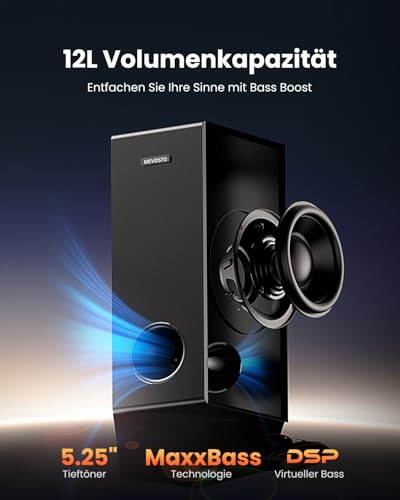 MEVOSTO Soundbar für TV Geräte mit Subwoofer, 2.1CH TV-Soundbar mit 5,25" Tieftöner, 12L Surround-Sound für PC-Gaming, BT5.0/ARC/Opt/AUX, Bässe und Höhen einstellbar für Heimkino Soundsystem – Bild 4