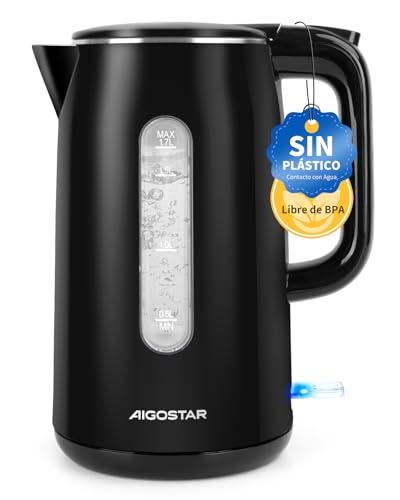 Aigostar Hervidor de Agua Electrico Negro, Acero Inox de Grado Alimenticio, 1,7 Litros Hervidor Eléctrico Rápido 2200W, Doble Aislamiento, Ventana Visible, Silencioso, Libre de BPA