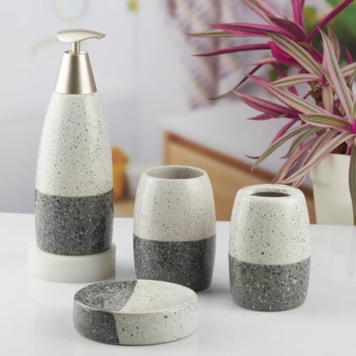Image of SaSaSa Ceramic Bathroom Accessories Set of 4 Modern Bath Set with Soap Dispenser & Toothbrush Holder, Luxury Home & Gift Idea, Grey (10480)