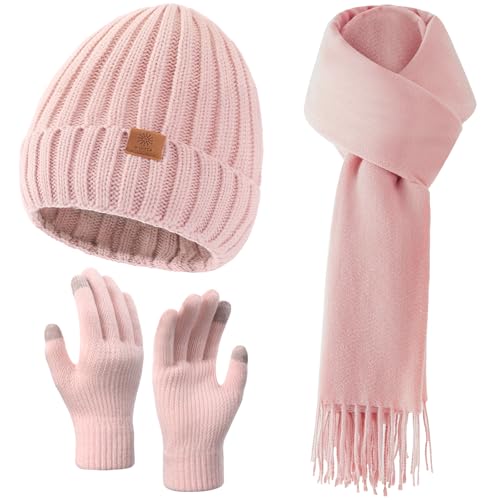 Passionbility Winter Beanie Hat Scarf Gloves Set for Women, Warm Knit Skull Cap Long Scarf Touchscreen Fleece Lined Gloves 3 in 1 Set