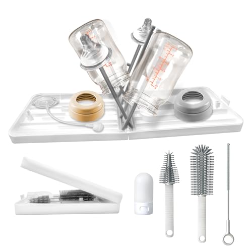 Image of 6 in 1 Baby Bottle Cleaner Set with Bottle Brush, Drying Rack, Straw Cleaner, Nipple Brush, Soap Dispenser, Organizer Case - Space Saving for Home and Travel (White+Grey)