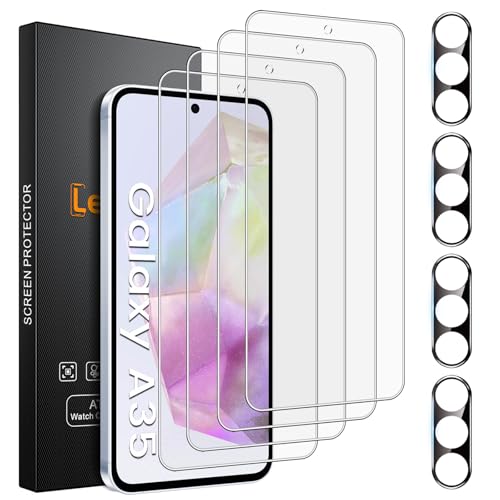 Lesakit 4 Pack for Samsung Galaxy A35 Screen Protector with 4 Pack Camera Lens Protector 9H Hardness Tempered Glass Screen Protector Anti-Fingerprint Case Friendly