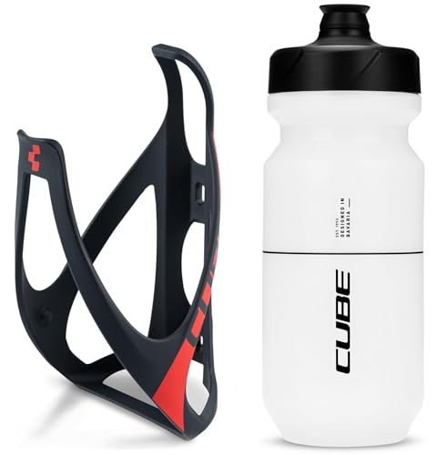 Cube HPP Cage - Matt Black/Red & Flow Bottle - Clear, 500ml / Water Drink Flask Vessel Bidon Holder Mount Bracket Kit Lightweight Plastic Drinking Hydration Biking Bike Riding Frame Accessories