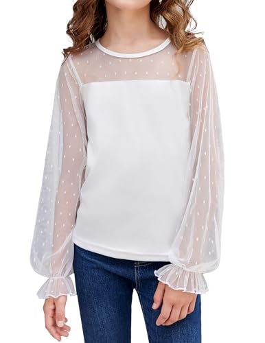 Arshiner Langarmshirt Mädchen Chiffon Tunika Kinder Langarm T-Shirt Laternen Ärmel Oberteile Rundhals Freizeit Elegant Herbst Winter Mode Tshirt für Mädchen 11-12 Jahre Weiß