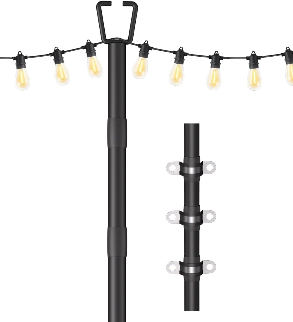 2 Pack 10FT String Light Poles for Outdoor Decor, Sturdy Light Pole with Hard Ground Base, Adjustable Metal Light Posts for Outside Patio, Backyard, Deck, Garden, Party, Wedding