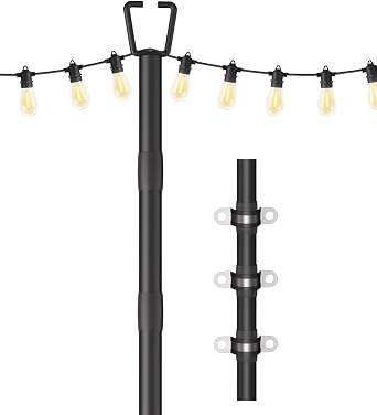 10FT String Light Poles for Outdoor Decor, Sturdy Light Pole with Fence Brackets, Adjustable Metal Posts for Outside Patio, Backyard, Deck, Garden, Party, Wedding