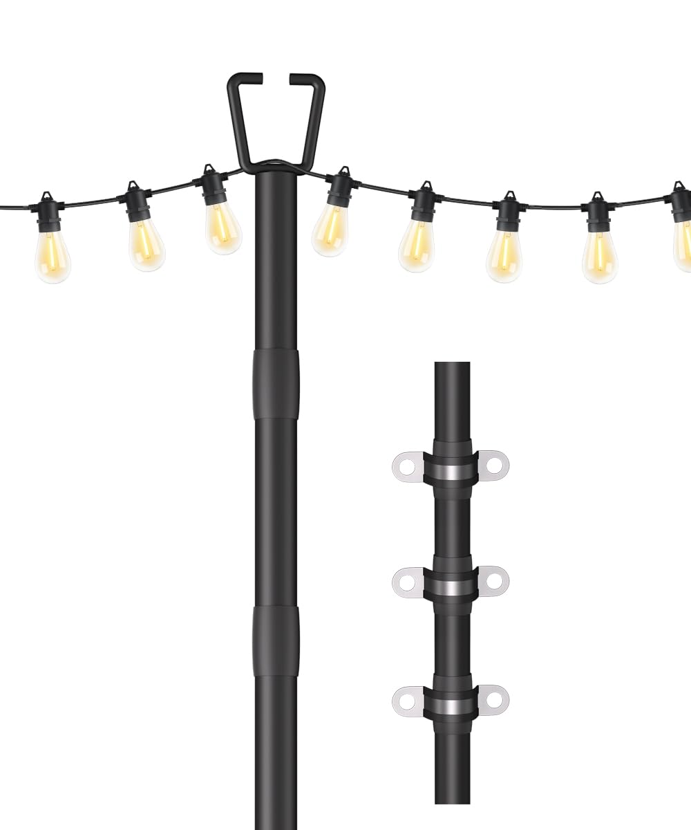 Guirlande lumineuse de 3 m pour décoration extérieure, poteau lumineux robuste avec supports de clôture, poteaux métalliques réglables pour terrasse, jardin, fête, mariage