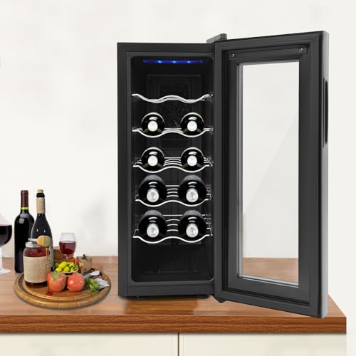 YEITBY Nevera de vino para 12 botellas, refrigerador de vino, refrigerador de bebidas, refrigerador de vino estrecho con protección UV, 12 – 18 °C, para hogares, oficinas, hoteles, bares, clubes