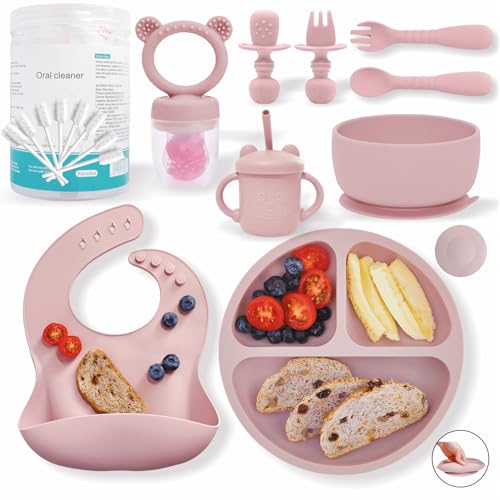 Image of Remonda Baby Led Weaning Supplies | Silicone Baby Feeding Set Includes Suction Bowls and Plates, Baby Utensils Spoons and Forks,Cup for Toddler | Babies Eating Dishes Set 6-12 Months(Pink)