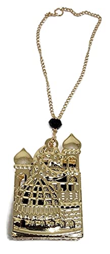 Islam Car Rear Mirror Hanging Decorative Ornament Vehicle Decor AMN-356 Mini Al-Quran in Metal Cage Masjid Mosque Design Pendant Ramadan Eid Muslim Gift (Gold/Black)