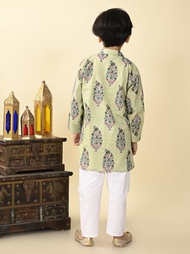 Image of superminis Boys Cotton Full Sleeves Side Open Sanganeri Printed Kurta With Pyjama Set
