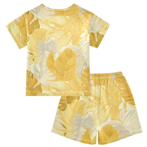 ALAZA Yellow Gold Palm Leaves Pajamas Short Sleeve 2 Piece Sleepwear Top and Bottom Pajama Set Unisex2