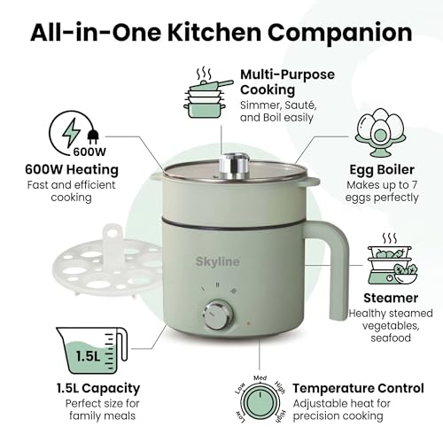 Image of Skyline Multi-Purpose Electric Kettle with Steamer and Egg Boiler, 1.5L, 600W, Temperature Control, VTL-9091 (Green)