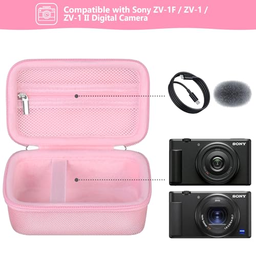 Image of Hard Travel Case for Sony ZV-1F / ZV-1 / ZV-1 II Digital Camera, Vlogger Camera Storage Holder Travel Bag with Zipper Mesh Pocket for Battery Pack, Charging Cable, USB Card, Pink