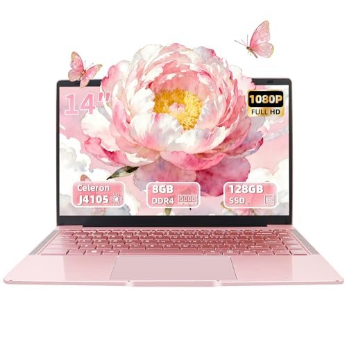 Fsjun 14' Laptop Roségold, Quad-Core Prozessor Celeron J4105 [schneller als N4000 und AMD 3020e], 8GB RAM, 128GB SSD, FHD IPS, HDMI, WLAN, Bluetooth, ultraleichtes und tragbares Notebook für Studenten