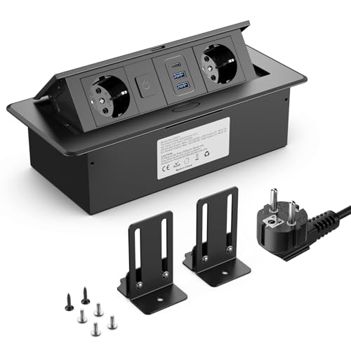 Einbau Steckdosenleiste USB C PD 20W, Ohuo 2 Fach Versenkte Steckdose mit 2 USB-A und Schalter, Versenkbare Tischsteckdose mit USB C und Schalter, 2m Kabel
