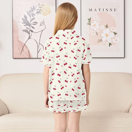 Red Cherries and Hearts Prints Summer Satin Pajama Set, Cute Button-Down Sleepwear Pj Set for Sleep Wears4