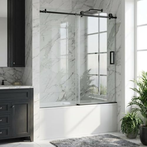 Image of Frameless Bathtub Shower Door, 56-60 Inch Wide x 59 Inch High, Single Sliding Door with Fixed Panel, 8mm Coated Tempered Glass, Matte Black Finish, Stainless Steel Round Rail