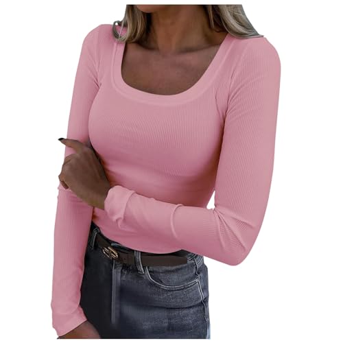 Camisetas de Manga Larga para Mujer con Cuello Redondo Corte Ajustado,Top Ajustado Y Básico,Color Liso (XL)