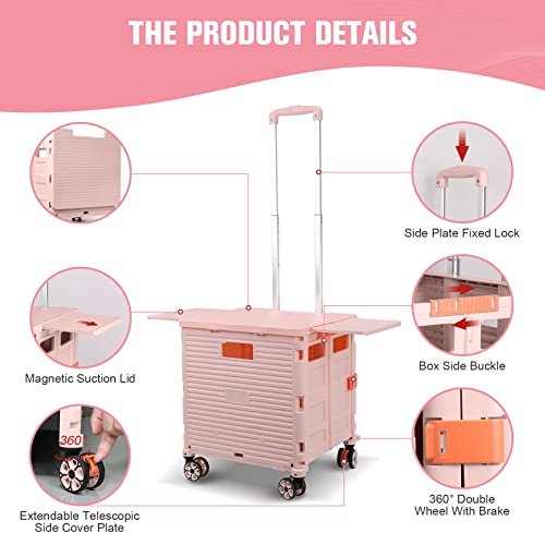 Foldable Utility Cart Folding Portable Rolling Crate With Magnetic Extended Lid,360°Rotate Wheels,176Lbs Load Capacity,Heavy Duty Durable Dolly Cart For Teacher Tourist Shopping Office Outdoor #TOP2