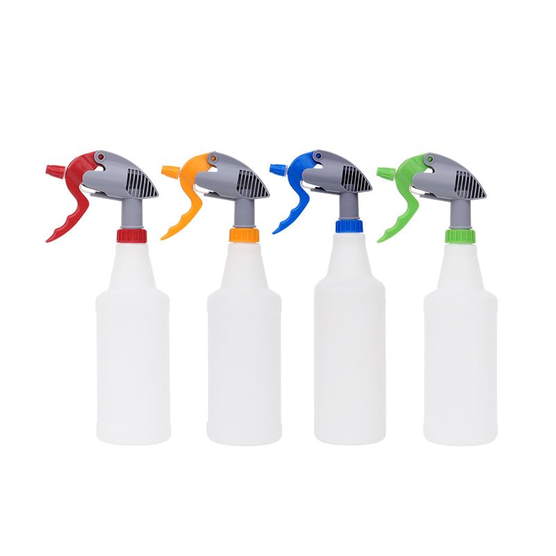 DrDirt Spray Bottles 750ml/25oz 4 color Pack High Flow 3cc Acid and Alkali Resistant Alcohol Compatible Professional Heavy Duty for Cleaning Plants Watering