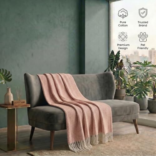 Image of SAJAVAT HOME Hand-Knitted Cotton Sofa Throw | Light Pink Tassel Design for 3 & 5 Seater Sofa & Bed | Soft Lightweight All-Season Throw Blanket (80x52 Inches)