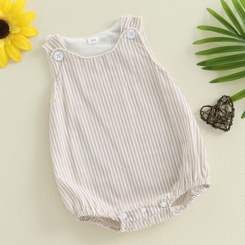 Newborn Baby Boy Girl Striped Romper Sleeveless Cotton Linen Bubble Bodysuit Button Jumpsuit Tank Summer Overalls3