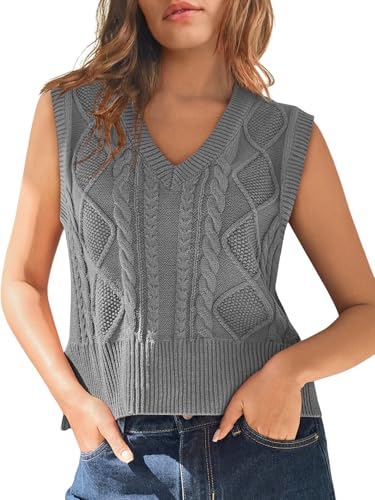 Cropped Sweater Vest for Women V Neck Sleeveless Knit Solid Casual Ribbed Preppy Pullover Tops Grey M
