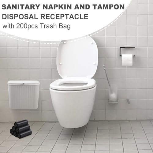 Image of Sanitary Napkin Receptacle,Gray Plastic Feminine Hygiene Disposal Trash Can with Lid 10x9x6inches Wall Mounted Tampon Disposal Bin for Bathroom,Office,Sanitary Waste(with 200pcs Trash Bag)