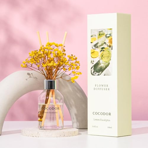 Image of COCODOR Flower Reed Diffuser Set / 3.4oz / Lemon Eucalyptus /Scent Diffuser with Sticks Home Fragrance Reed Diffuser for Bathroom Shelf Decor (Pack of 2)
