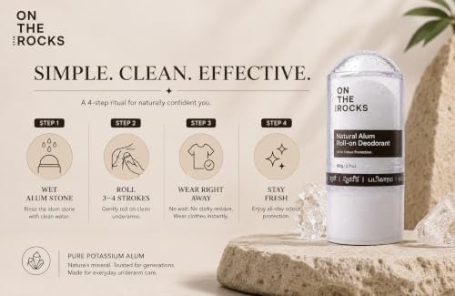 Image of Alum Stone, Underarm Roll On for Body Odour & Dark Underarms, Natural Deodorant that Fights Bacteria, Gentle for Sensitive Skin, Fragrance & Alcohol Free for Men & Women 60g
