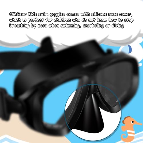 OMGear Kids Swim Goggles with Nose Cover Fabric Strap Dive Snorkel Mask for Children(4-16) Youth Snorkeling Gear Silicone Swimming Mask Anti-Scratch Anti-Fog Tempered Glass Lens(Black)