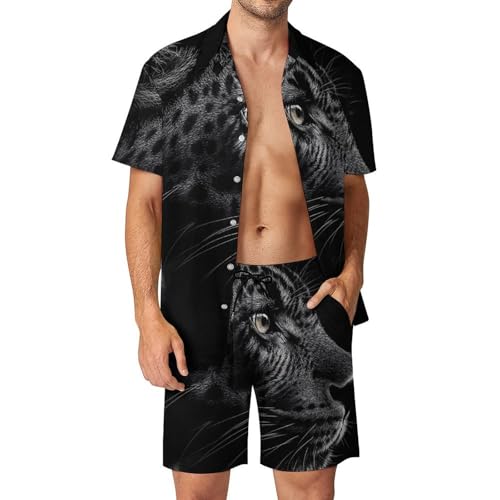 Ensemble léopard noir homme 2 pièces de plage court avec boutons