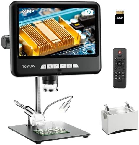 TOMLOV DM402 Pro 2K Digital Microscope 1200x, 10.1" 24MP HDMI Coin Microscope with Screen, Bottom Transmitted Light, LCD Digital Soldering Microscope, 10" Stand, PC/TV Compatible, 32GB