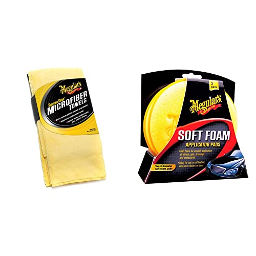 Meguiar's X3070 Tampons Applicateurs Mousse Douce 4 Pièces pour Application Manuelle De Cires Ou Produits Pneus, Jaune - avec Serviettes Microfibre Nettoyage Voiture Supreme Shine 3 Pièces