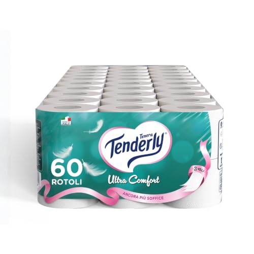 Tenderly Ultra Comfort, 60 rotoli di Carta Igienica Pura, 3 Veli, 200* Strappi per Rotolo, Delicata sulla Pelle, Dermatologicamente Testata