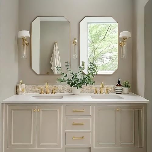 Image of ANDY STAR Gold Octagon Bathroom Mirror, 24x32 Inch Stainless Steel Metal Frame, Anti-Rust, Shatterproof HD Glass, Wall Mounted for Bathroom, Bedroom, Living Room