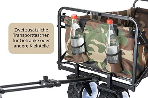 Foto von Stagecaptain BW-907 CA Bollycart Bollerwagen faltbar ohne Dach - Handwagen mit Breiten, großen Reifen - Klappbares Metallgestell bis zu 80kg belastbar - Zusammenklappbar - 2 Außentaschen - Camouflage