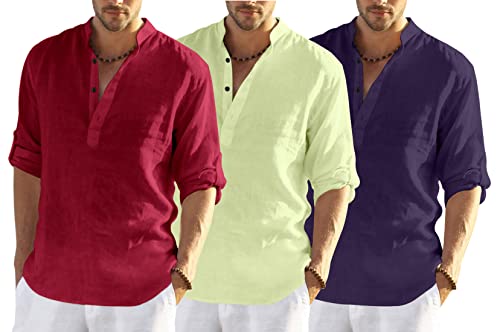 Image of Men's Cotton Blend Combo Short Kurta with Mandarin Collar Neck Full Sleeves Solid Pattern Curved Hemline Regular Fit and Standard Length (Pack of 3)