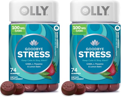 Image of OLLY Goodbye Stress Gummy,GABA,L-Theanine,Lemon Balm,Stress Relief Supplement,Berry -,74 Count (Pack of 2)