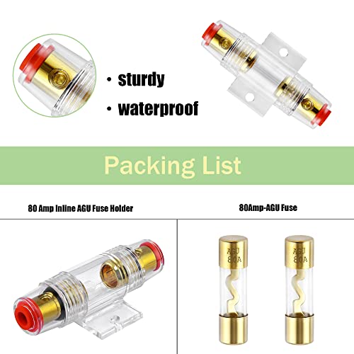 Owofydr 1 Pcs Gold Plated Inline Agu Fuse Holder ＆ 2 Pcs Gold Plated Glass 80A Agu Fuse For Automotive Audio Power Safety Protection #TOP1